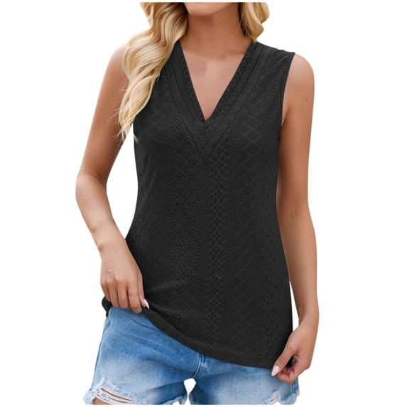 REORIAFEE Flowy Tank Tops for Women Plus Size Sleeveless Tops V Neck Tanks Eyelet Embroidery Flowy Shirts Solid Color Pullover Wide Strap Vest Summer Going Out Fashion Clothing Black
