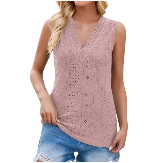 REORIAFEE Flowy Tank Tops for Women Plus Size Sleeveless Tops V Neck Tanks Eyelet Embroidery Flowy Shirts Solid Color Pullover Wide Strap Vest Summer Going Out Fashion Clothing Pink