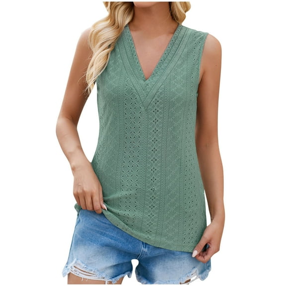 REORIAFEE Flowy Tank Tops for Women Plus Size Sleeveless Tops V Neck Tanks Eyelet Embroidery Flowy Shirts Solid Color Pullover Wide Strap Vest Summer Going Out Fashion Clothing Green