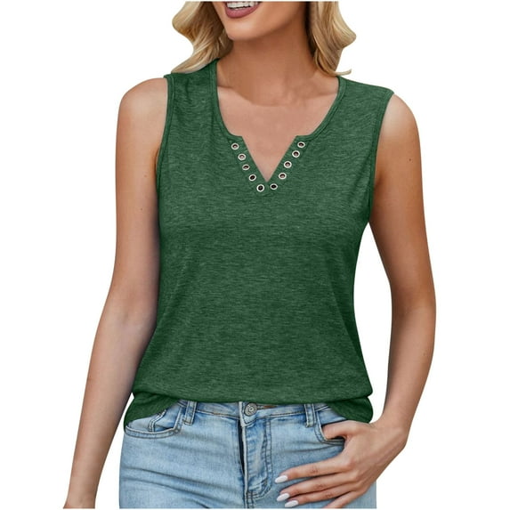 REORIAFEE Flowy Tank Tops for Women Workout Sleeveless Tops V Neck Tanks with Ring Hole Flowy Shirts Solid Color Pullover Wide Strap Vest Summer Going Out Fashion Clothing Green