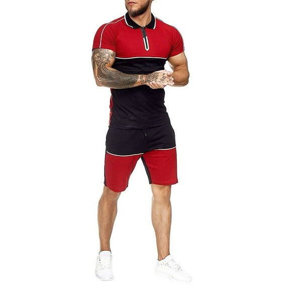 REORIAFEE Fourth of July Outfit Men Yoga Set Mens Summer Home Stripe Color Short Sleeve Shorts Sports Sets Sleeve Turndown Collar Set Red XXXL
