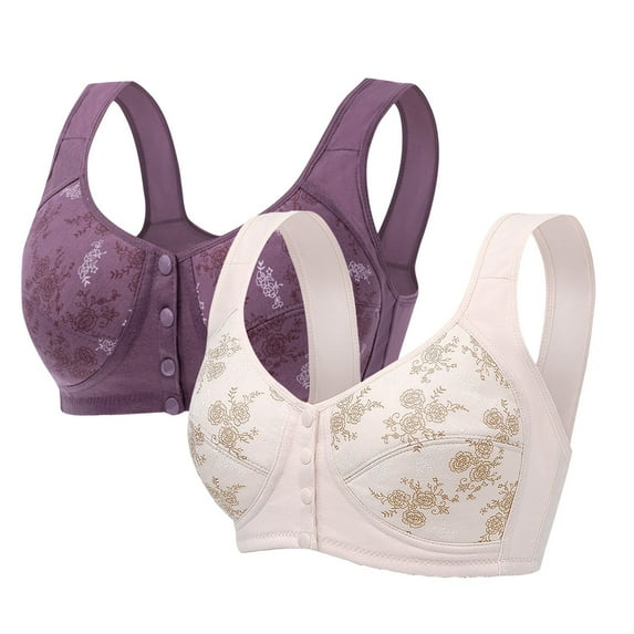 REORIAFEE Front Closure Bras for Older Women 2PC Wireless Full-Coverage Bra Lift Push Up Breathable Underwear Wide Shoulder Straps Comfort Soft Lingerie Purple XL