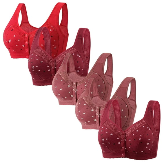 REORIAFEE Front Closure Bras Plus Size Women 5 Pack Wireless Full-Coverage Bra Support Gather Breathable Underwear Wide Shoulder Straps Comfortable Soft Lingerie Red XXXXL