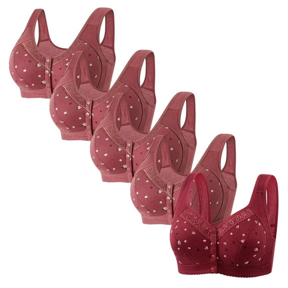 REORIAFEE Front Closure Bras for Seniors 5PC Wireless Full-Coverage Bra Lift Gather Breathable Underwear Wide Shoulder Straps Comfort Soft Lingerie Wine L