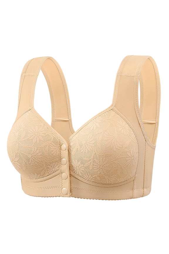 Front Closure Bras Wireless Back Support Slightly Padded Gathered Daily Bra Wirefree Bras Comfy Corset Bra Wide Strap Bra Comfortable Breathable Brassiere Anti-Sagging Bra Beige 44