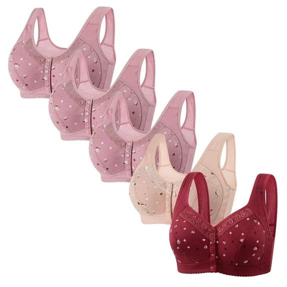 REORIAFEE Front Closure Bras Wireless Women 5 Pack Full-Coverage Bra Support Push Up Breathable Underwear Wide Shoulder Straps Comfy Soft Lingerie Hot Pink XXL
