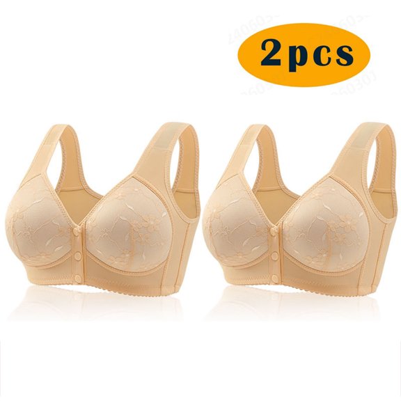 REORIAFEE Front Closure Bras Women 2PC Wireless Full-Coverage Bra Lift Gather Breathable Underwear Wide Shoulder Straps Comfort Soft Lingerie Beige XXL