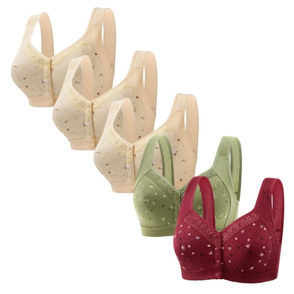 REORIAFEE Front Closure Push up Bra Women 5PC Wireless Full-Coverage Bra Supportive Push Up Breathable Underwear Wide Shoulder Straps Comfort Soft Lingerie Beige L