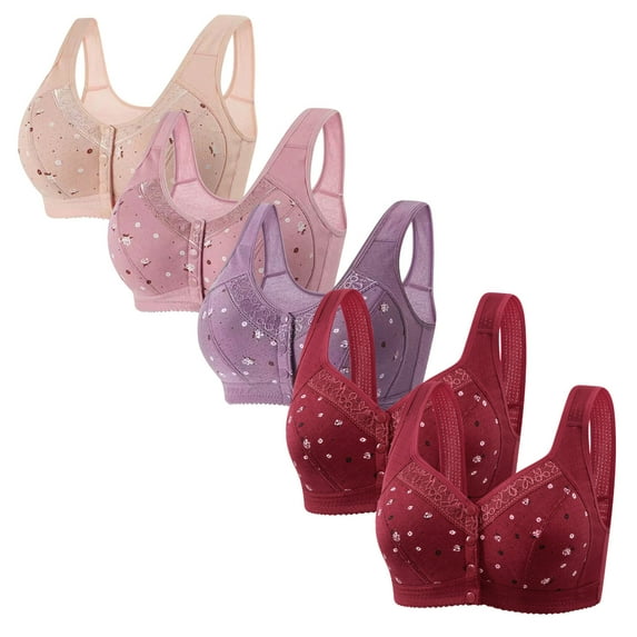 REORIAFEE Front Closure Underwire Bras Women 5PC Wireless Full Coverage Bra Support Gather Breathable Underwear Wide Shoulder Straps Comfort Soft Lingerie Pink L