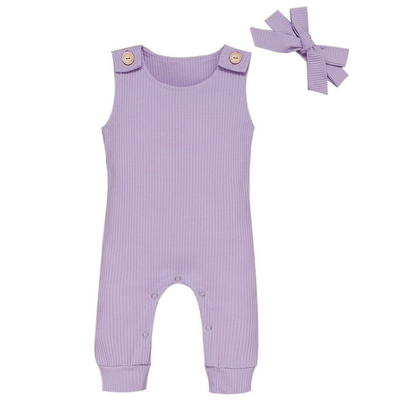 REORIAFEE Girls Boys Plus Size Jumpsuit Bodysuit Sleeveless Onesies Crewneck Cotton Rompers with Headband Jumpsuit Bodysuits Solid Color Overall Size 70 Purple