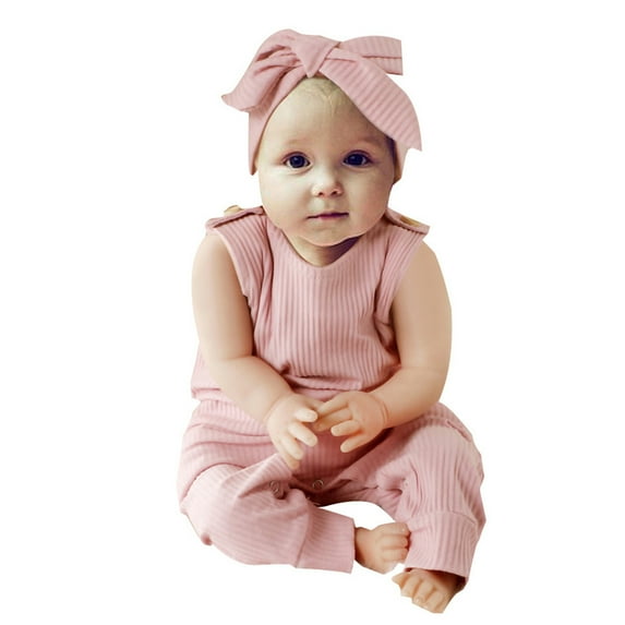 REORIAFEE Girls Boys Plus Size Jumpsuit Bodysuit Sleeveless Onesies Crewneck Cotton Rompers with Headband Jumpsuit Bodysuits Solid Color Overall Size 100 Pink