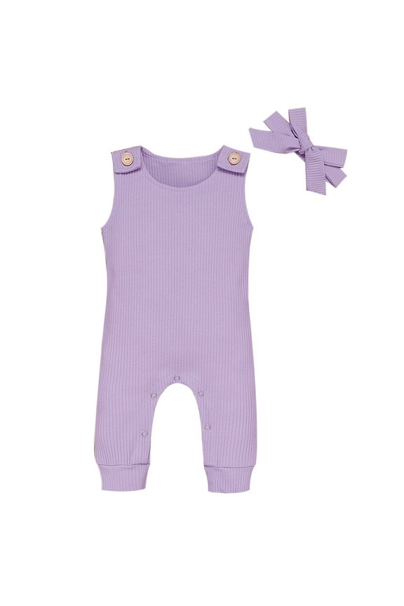 Girls Boys Plus Size Jumpsuit Bodysuit Sleeveless Onesies Crewneck Cotton Rompers with Headband Jumpsuit Bodysuits Solid Color Overall Size 80 Purple