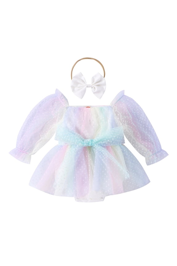 Girls One Piece Workout Bodysuit Long Sleeve Onesies Scoop Neck Cotton Rompers Lace Mesh Patchwork Skirts Jumpsuit Bodysuits Rainbow Print Overall Size 24M Multi-color