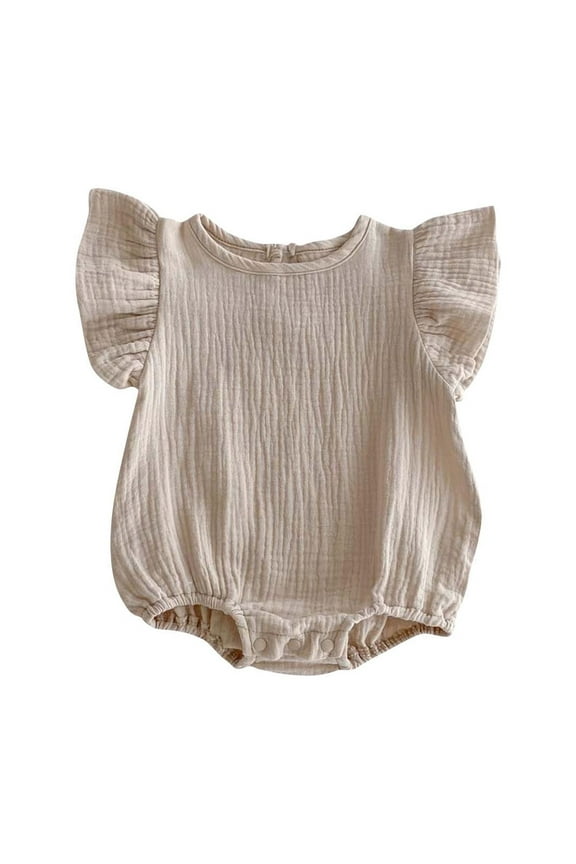 Girls Plus Size Rompers and Jumpsuits Flutty Sleeve Onesies Crewneck Cotton Rompers Smocked Jumpsuit Bodysuits Solid Color Overall Size 90 Brown