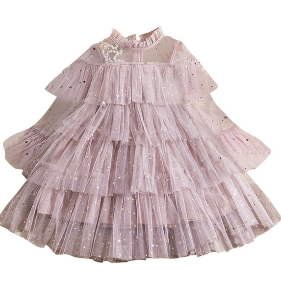 REORIAFEE Girls' Special Occasion Dresses Lace Tulle Dress Puffy Sundress Tiered Ruffle Trim Sequin Print Dress Rear Zipper Dress Solid Color Dress Pearl Beads Long Sleeve Dress Size 5-6Y Pink