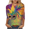 thumbnail image 1 of REORIAFEE Graphic Tees Women Mardi Gras Mask Printed 3/4 Sleeve Shirt Crewneck Carnival Fancy Tees Theme Party Fashion Tops Loose Blouse Purple S, 1 of 4
