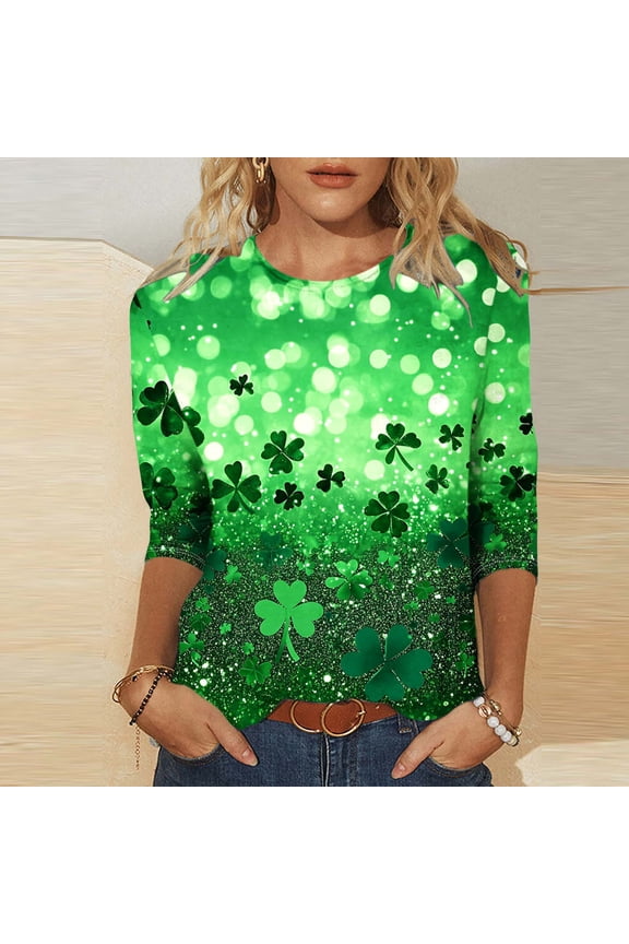 Graphic Tees for Women Plus Size St. Patrick's Day Printed 3/4 Sleeve Shirts Paddy's Day Crew Neck Casual Tees Soft Trendy Tops Green XXXXXL