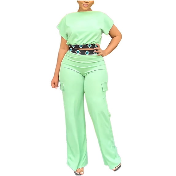 REORIAFEE Hiking Outfit for Women Gym Set Women's Plus Size Short Sleeve Round Neck Bandage Pullover Tops + Long Pants Set Green XL