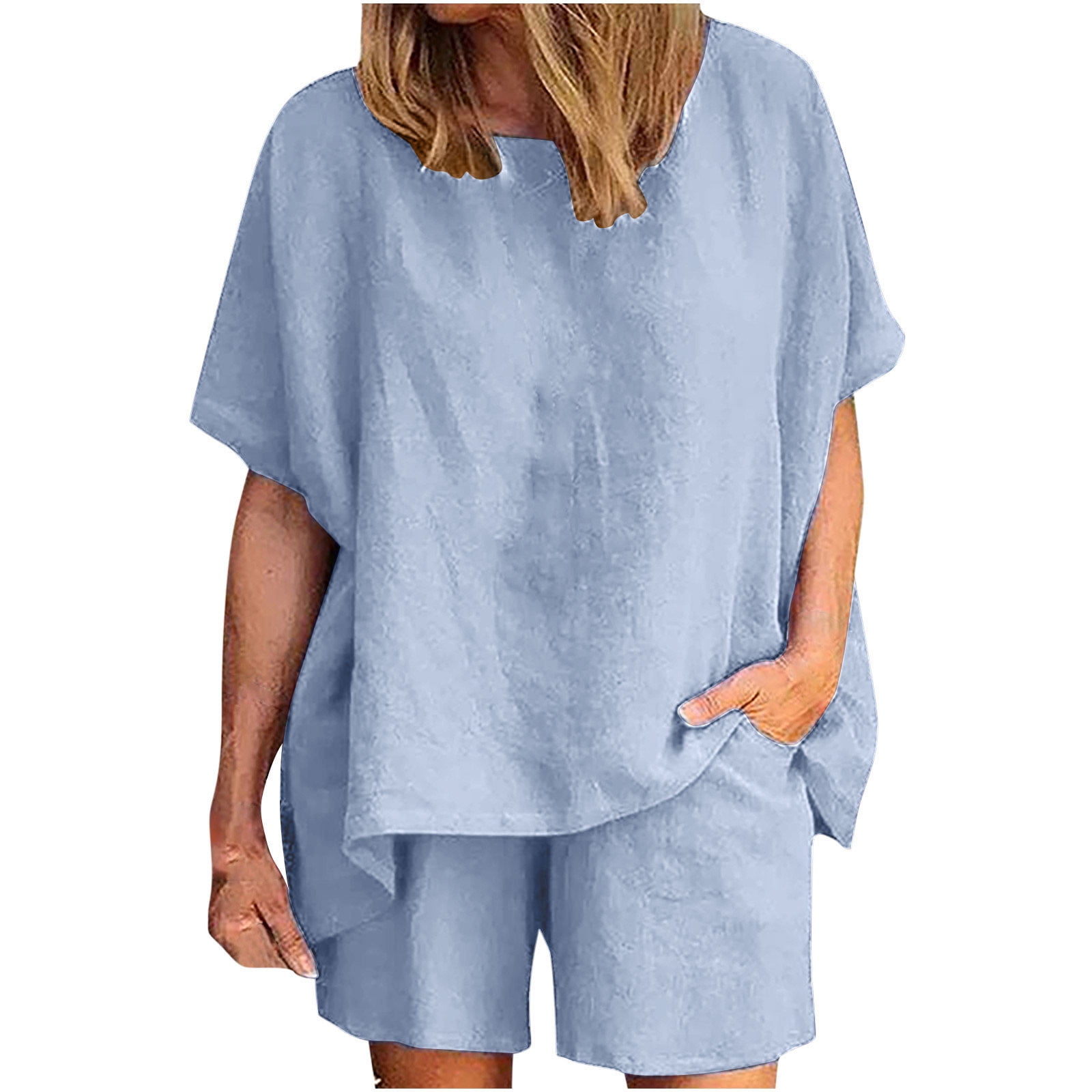REORIAFEE Honeymoon Outfits for Women Beach Vacation Outfits Women Casual  Summer Round Neck Short Sleeve Tops Shorts Two Pieces Set Suit Light Blue XL