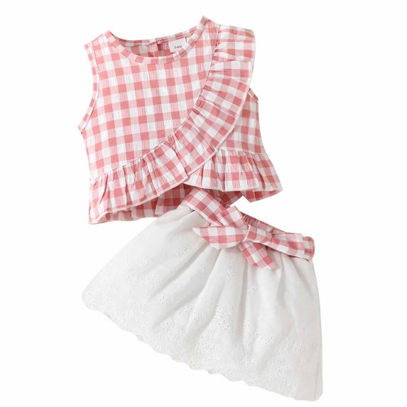REORIAFEE Infant Baby Girl Clothes Cute Summer Outfit Set Workout Outfits Toddler Baby Girls Sleeveless Ruffled Plaid Top Bow Embroidered Half Skirt Set Skirt Pink 9-12 Months
