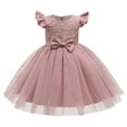 thumbnail image 1 of REORIAFEE Kids Birthday Dress for Girls Lace Tulle Dress Puffy Sundress Pearl Beads Floral Embroidered Dress Front Bow Knot Rear Zipper Dress Solid Color Dress Flutter Sleeve Dress Size 120 Pink, 1 of 5