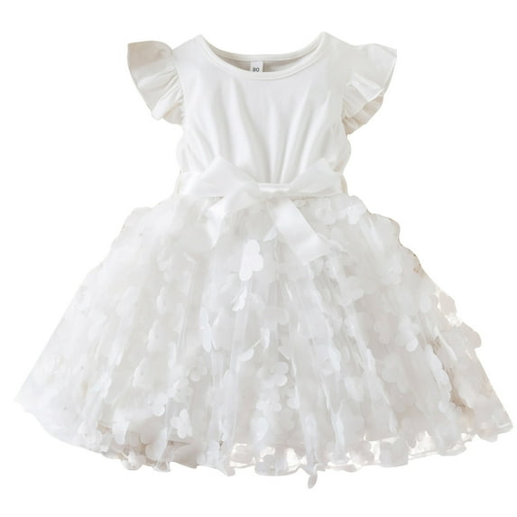 REORIAFEE Kids Girls Formal Dresses Plus Size Lace Tulle Dress Puffy Sundress Butterfly Embroidered Ruffle Trim Dress Patchwork Dress Solid Color Dress Flutter Sleeve Dress Size 120 White