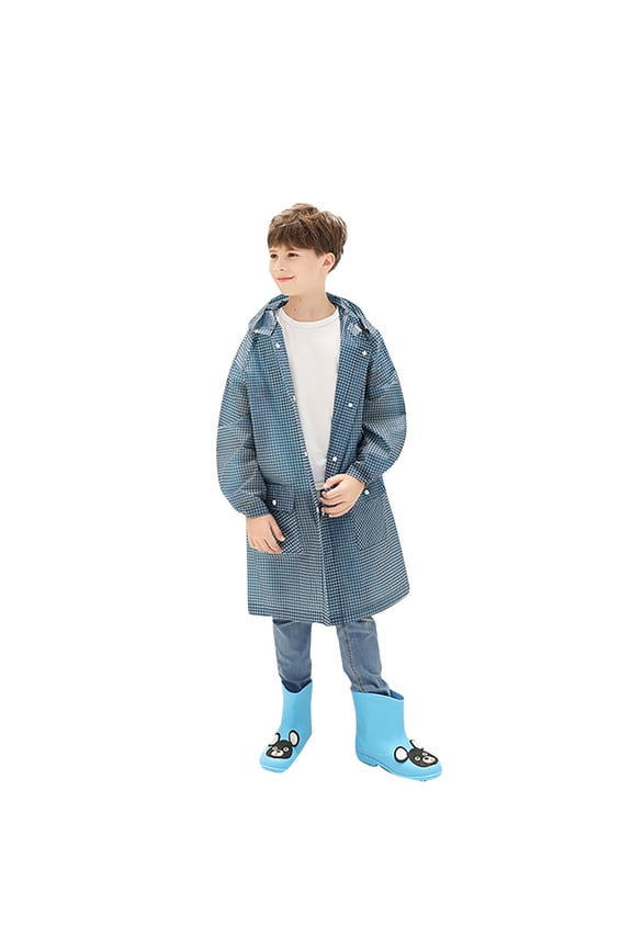 Kids Raincoat Plaid Print Rain Jacket with Hood and Sleeves Rainproof Rainwear for Boys and Girls Schoolbag Position Rain Slicker Reusable Lightweight for Outdoor Activities