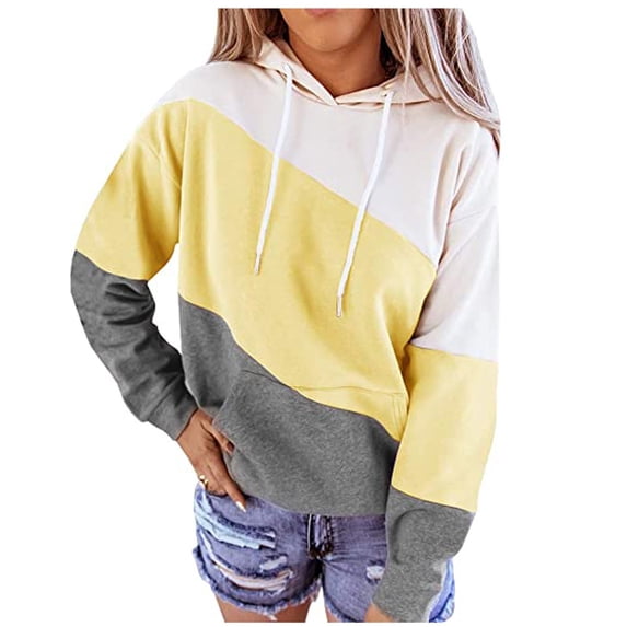 REORIAFEE Long Sleeve Shirts for Women Casual Fall Tunics Sweetheart Stripe Print Hooded Tops Sweatshirt Yellow S