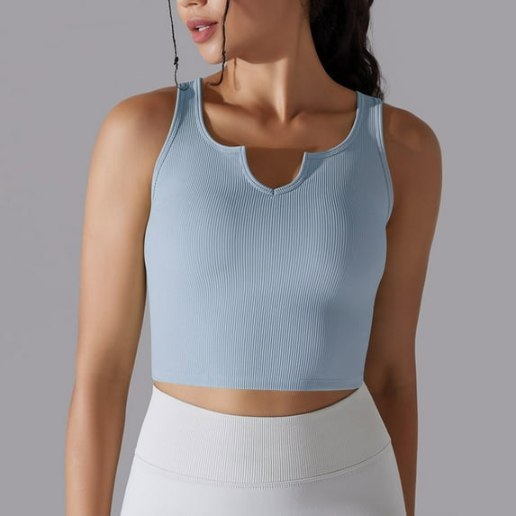 REORIAFEE Longline Sports Bras for Women Wirefree Padded with Medium Support V-neck Quick Drying Body Shaping Back Fitness Sports Top Gym Yoga Tank Top Blue S