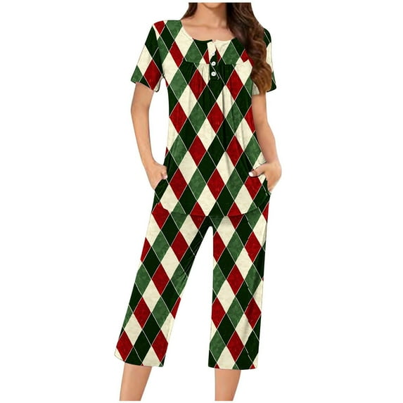 REORIAFEE Lounge Outfits for Women Christmas 2 Piece Plus Size Pajama Short Sleeve Top and Capri Pant Plaid Soft Sleepwear Green S-3XL