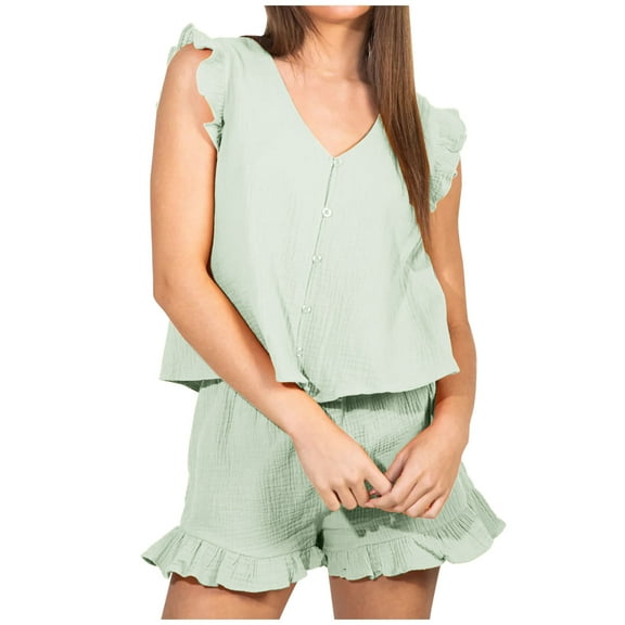 REORIAFEE Lounge Sets for Women Summer Outfits Sets Gym Set Women's Fashion Casual Spring Summer Sleeveless V Neck Blouses Shirts Sets Green M