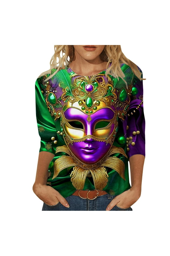Mardi Gras Clothes for Women 3/4 Sleeve T Shirt Casual Mask Print Blouses Round Neck Tee Tops Theme Party Pullover Loose Fit Casual 2024 Trendy Fashion Clothing