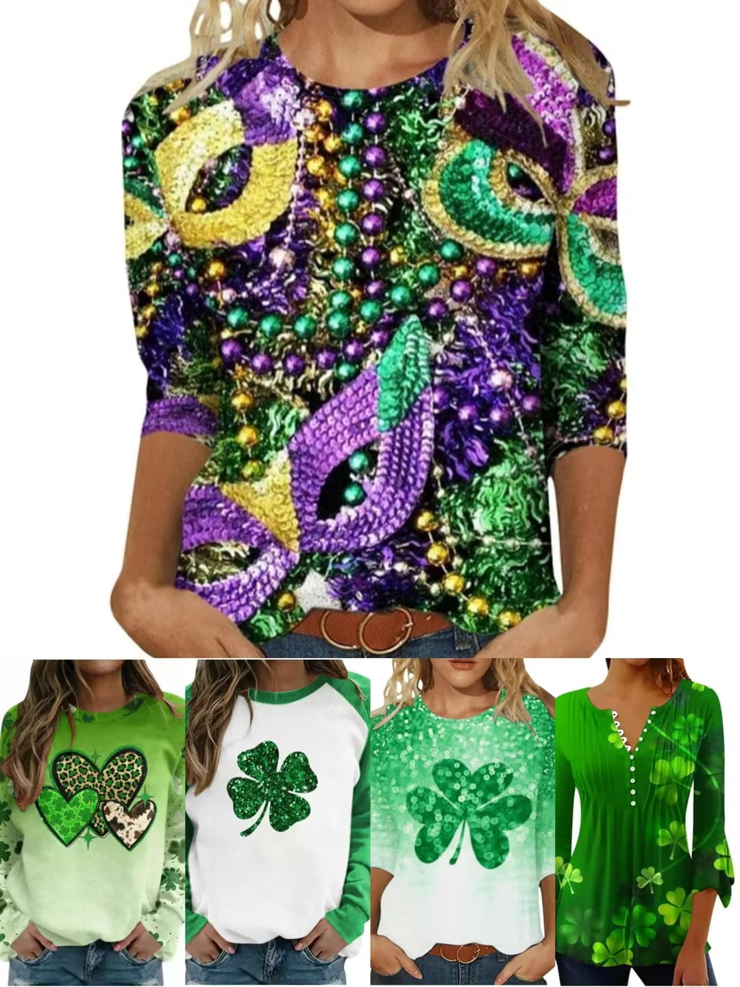 REORIAFEE Mardi Gras Clothing Women Oversized Crewneck 3/4 Sleeve T ...