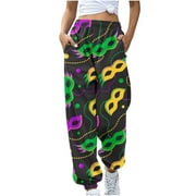 REORIAFEE Mardi Gras High Waisted Pants for Women Petite Fancy Mask Printed Palazzo Pants with Pockets Cinch Bottom Casual Pants Lightweight Baggy Stretchy Trousers 2024 Trending Fashion Clothing
