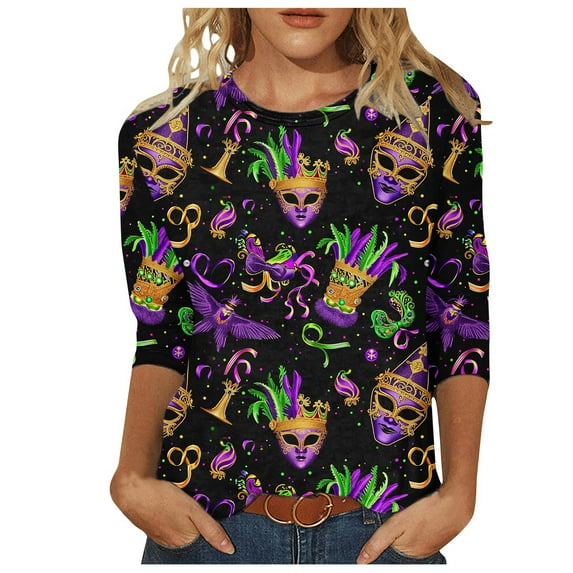 REORIAFEE Mardi Gras Polyester Shirts for Women 3/4 Length Sleeve T Shirt Casual Mask Print Blouses Crewneck Tee Tops Colorful patchwork Pullover Celebration Trendy Fashion Clothing
