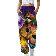 REORIAFEE Mardi Gras Running Pants for Women Ankle Length Fancy Mask Printed Palazzo Pants with Pockets Cinch Bottom Casual Pants Lightweight Baggy Stretchy Trousers 2024 Trending Fashion Clothing