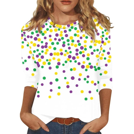 REORIAFEE Mardi Gras Shirt for Women Purple 3/4 Length Sleeve T Shirt Carnival Graphic Blouses Round Neck Tee Tops Color mix Pullover Crazy Party Trendy Fashion Clothing