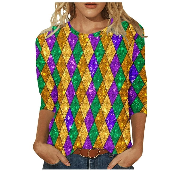 REORIAFEE Mardi Gras Shirts Plus Size Striped 3/4 Sleeve T Shirt Color Block Blouses Crewneck Tee Tops New Orleans Carnival Pullover Loose Fit Casual 2024 Trendy Fashion Clothing