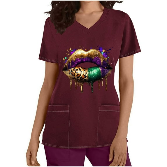 REORIAFEE Mardi Gras Shirts Women Graphic Short Sleeved Shirts Crew Neck Carnival Fancy Tees Theme Party Fashion Tops Loose Blouse Wine M