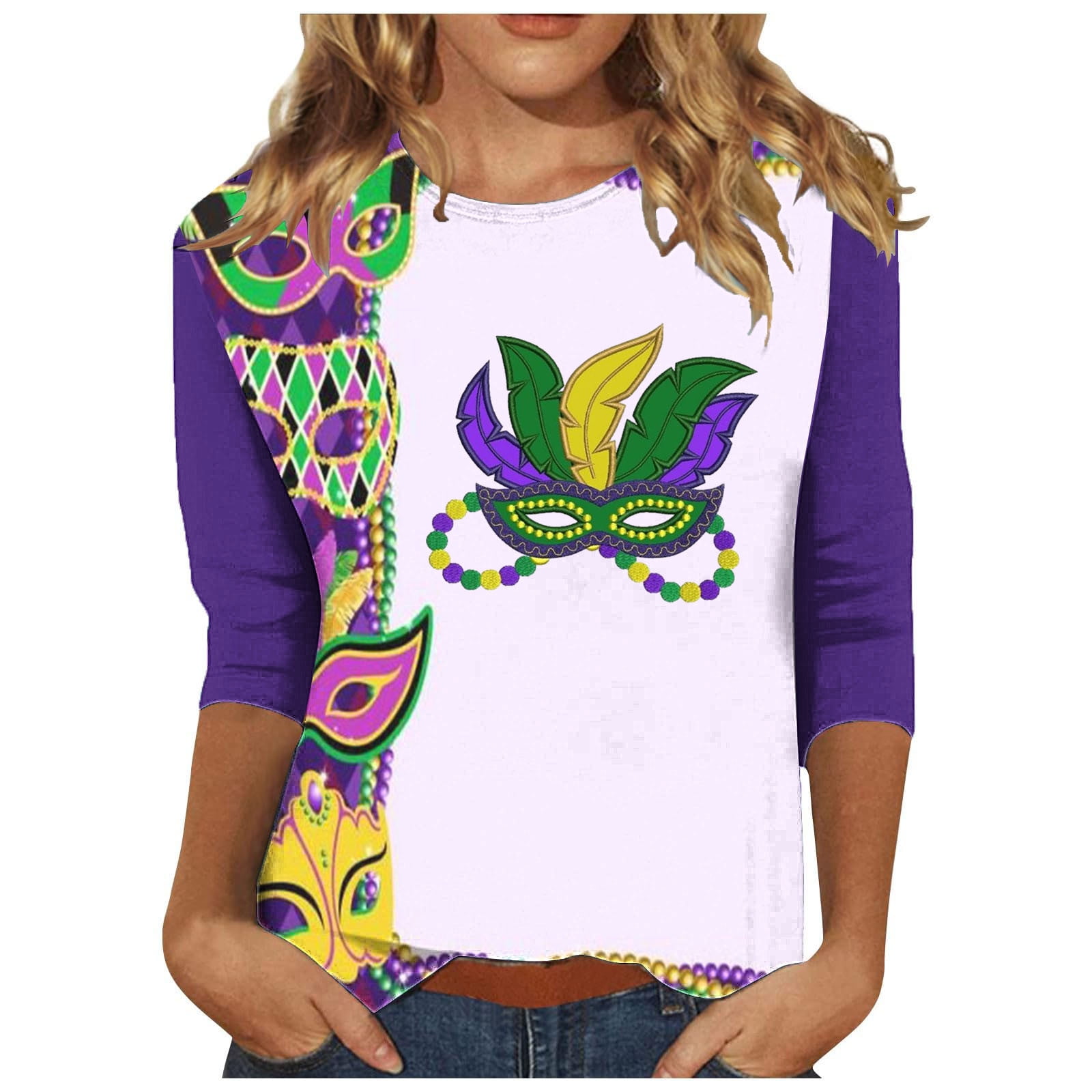 REORIAFEE Mardi Gras Shirts for Women Sexy Beads Mask Feathers Print