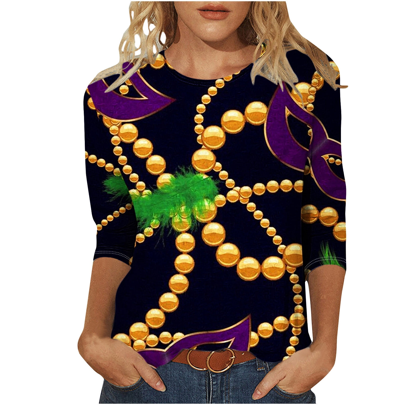 REORIAFEE Mardi Gras Shirts for Women Tight Fit Round Neck 3/4 Sleeve