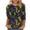 thumbnail image 1 of REORIAFEE Mardi Gras T Shirts Women Mask Prints 3/4 Sleeve Shirts Crew Neck Carnival Fancy Tees Theme Party Fashion Tops Loose Blouse Purple XL, 1 of 4