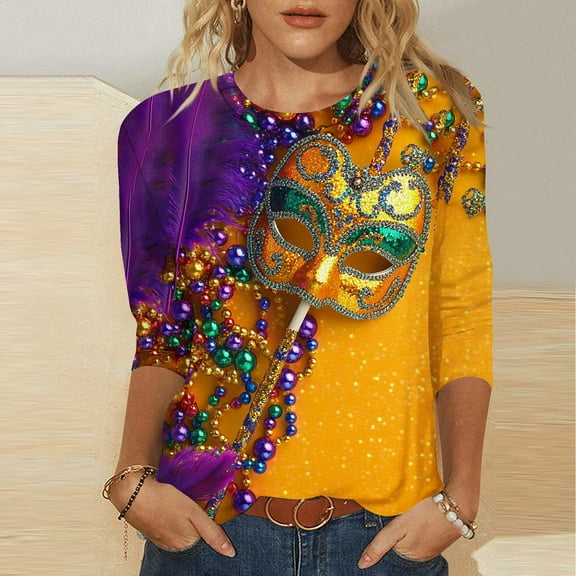 REORIAFEE Mardi Gras Tee Shirts Mask Printed 3/4 Sleeve Shirts Crewneck Carnival Fancy Tees Theme Party Funny Tops Loose Blouse Blue M