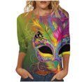 thumbnail image 1 of REORIAFEE Mardi Gras Tee Shirts Mask Printed 3/4 Sleeve Shirts Round Neck Carnival Fancy Tees Theme Party Fashions Tops Loose Blouse Purple M, 1 of 4