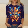 thumbnail image 1 of REORIAFEE Mardi Gras Tee Shirts Mask Prints 3/4 Sleeve Shirts Round Neck Carnival Fancy Tees Theme Party Fashions Tops Loose Blouse Purple XXL, 1 of 5