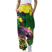 REORIAFEE Mardi Gras Womens High Waisted Pants for Summer Fancy Mask Printed Palazzo Pants with Pockets Cinch Bottom Casual Pants Lightweight Baggy Stretchy Slacks 2024 Trending Fashion Clothing