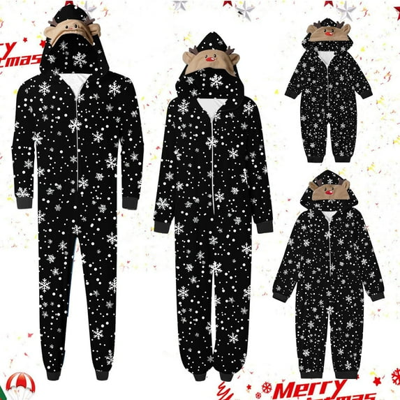 REORIAFEE Matching Christmas Pajamas Family 1 Piece Loungewear Long Sleeve Jumpsuit Pants Snowflake Soft Sleepwear Black S-2XL