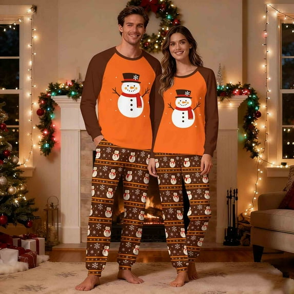 REORIAFEE Matching Christmas Pajamas Family 2 Piece Loungewear Long Sleeve Top and Pant Santa Graphic Soft Sleepwear Orange S-2XL
