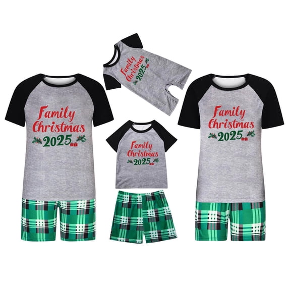REORIAFEE Matching Christmas Pajamas for Family 2 Piece Loungewear Short Sleeve Top and Shorts Plaid Soft Sleepwear Gray S-2XL