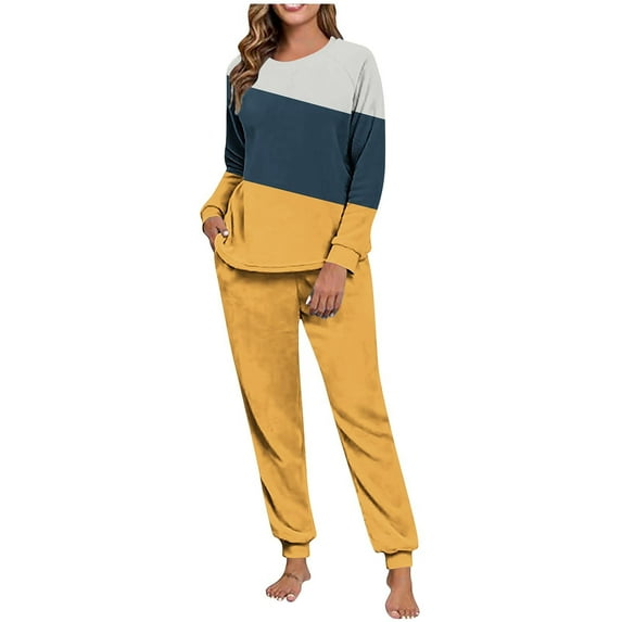 REORIAFEE Matching Lounge Sets Women Outfits 2 Piece Fleece Warm Pajama Long Sleeve Top and Jogger Color Block Soft Sleepwear Yellow S-2XL